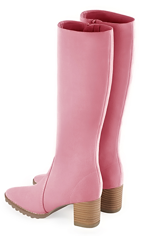 Carnation pink women's riding knee-high boots. Round toe. Medium block heels. Made to measure. Rear view - Florence KOOIJMAN